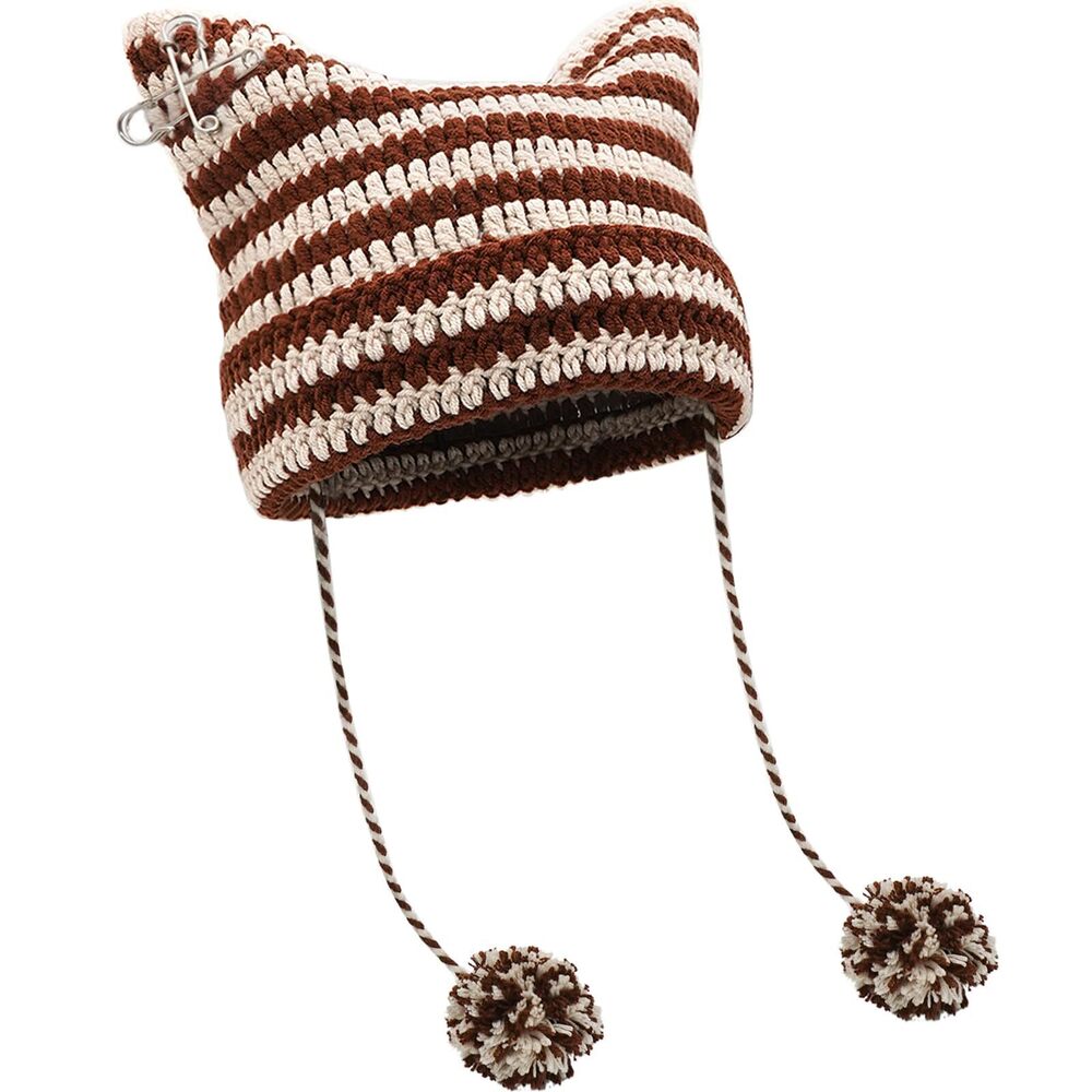 1055 Coffee Beige Crochet Hats Fox Knit Hat with Pompoms Grunge Goth